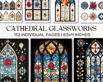 Gothic Cathedral Glass Junk Journal Pages Printable Stained Glass Windows and Floral Motifs