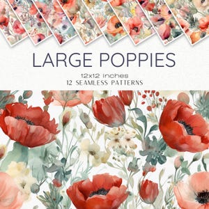Aquarell Mohnblumen Muster, Rot Floral Digital Papier, Vintage große Mohnblume Stoff, Scrapbooking, Junk Journal, Textildesign