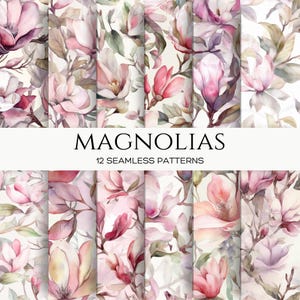 Padrões sem emendas de magnólia – 12 papéis digitais florais para impressão, fundos de scrapbook 12x12, design de casamento com flores chiques e surradas em letras grandes
