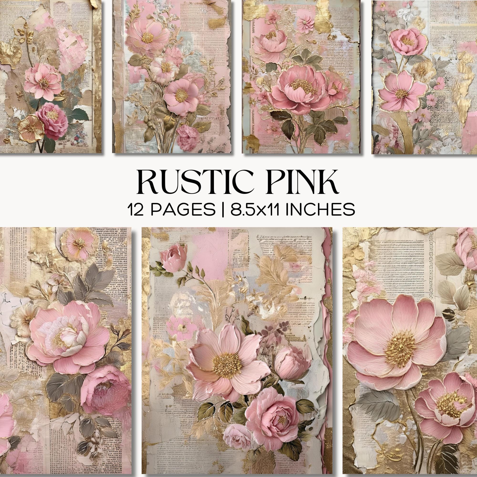 Rustic Pink Floral Junk Journal Pages – Shabby Chic Ephemera (digital ...