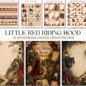 Puede incluir: Una colección digital de 12 páginas de efímeros sobre Caperucita Roja que miden 21,59 x 27,94 cm. El set incluye hojas de cintas washi, boletos, tarjetas de diario y etiquetas con ilustraciones de un lobo, una cabaña y una figura encapuchada.