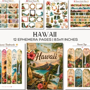 Pode incluir: Um conjunto de 12 páginas de efêmera de 21,6x27,9 cm com designs temáticos do Havaí. O conjunto inclui bilhetes, molduras, autocolantes, fitas washi, marcadores e etiquetas decorados com flores tropicais, vulcões, pranchas e mapas.