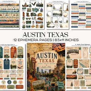Pode incluir: Um conjunto de 12 páginas de efémeros imprimíveis de 21,6x27,9 cm com temas de Austin, Texas, incluindo fitas washi, autocolantes, molduras, etiquetas e recortes com ilustrações de guitarras, morcegos e paisagens urbanas.