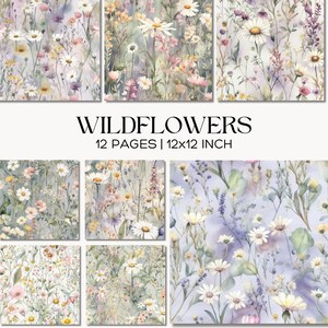 May include: A collection of twelve 12x12 inch pages featuring watercolor illustrations of wildflowers in various arrangements. The designs showcase daisies, lavender, and other floral elements in soft pastel colors.