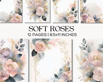 Elegant Rose Digital Paper Set with Gold Accents, Stationery, Luxury DIY Projects, Scrapbook Pages