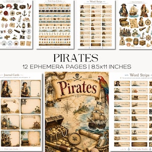 Pode incluir: Uma coleção de 12 páginas de efêmeras intituladas PIRATES 12 EPHEMERA PAGES | 21,6x27,9 cm, com ilustrações de temática pirata, incluindo navios, baús de tesouro, mapas, bússolas, papagaios, lanternas e tiras de palavras para scrapbooking.