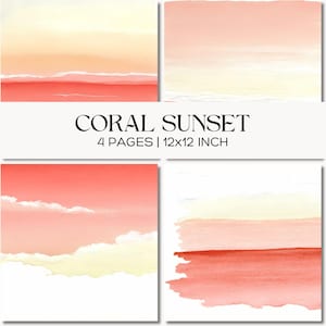May include: Four square watercolor prints with a coral sunset theme. Each print features a gradient of colors, including coral, peach, and cream. The text "CORAL SUNSET" and "4 PAGES | 12x12 INCH" are displayed in the center.