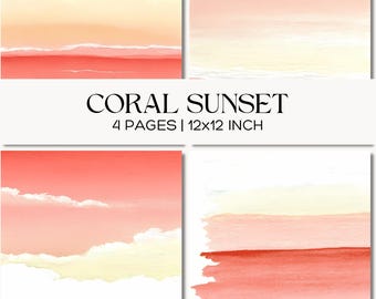 Coral Sunset Watercolor Backgrounds, Warm Ombre Wash Texture, Peach and Yellow Abstract Paper for Junk Journals and Scrapbooking