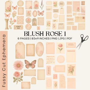 Blush Rose Fussy Cut Ephemera Kit, Printable Vintage Tags, Labels, Floral Clipart, Shabby Chic Junk Journal Pages, PNG JPG PDF Download