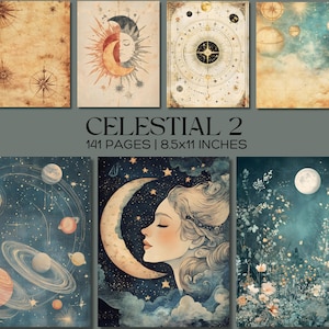 Papel vintage celestial, fondos digitales de sol y luna, kit de diario astrológico, efímeras de galaxia y estrellas, páginas de collage de luna mística