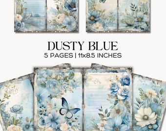 Dusty Blue Junk Journal Pages, Floral Ephemera,  junk journaling, Scrapbooking, Creative Writing & DIY Stationery