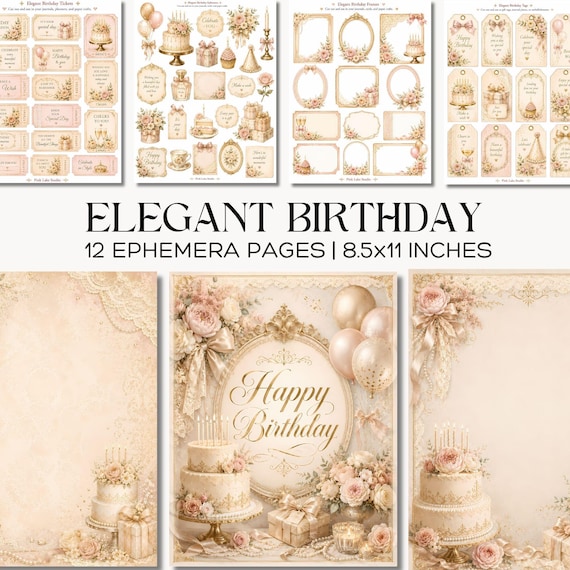 Elegant Birthday Journal Kit Printable Pink Gold Party Ephemera with Tags Tickets Cards and Frames
