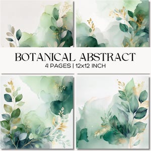 緑の植物デジタルペーパー、金箔を施したエメラルドの水彩画の背景