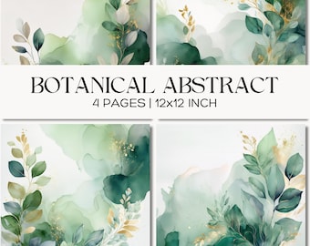 Grönt botaniskt digitalt papper, smaragdgrön akvarellbakgrund med bladguld