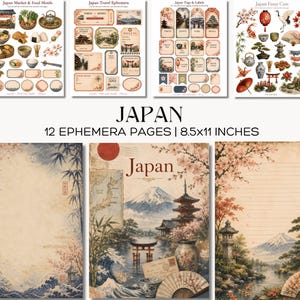 Può includere: Una collezione di pagine di efemeridi a tema giapponese. L'immagine presenta vari design, tra cui motivi alimentari, efemeridi di viaggio, etichette e ritagli dettagliati. Il testo "JAPAN" è ben visibile, insieme a "12 EPHEMERA PAGES | 8.5x11 INCHES". I design includono illustrazioni di paesaggi e elementi culturali giapponesi.