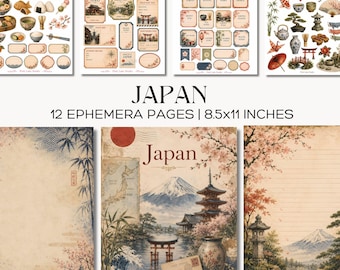 Zestaw do dziennika „Japan Junk Journal” – strony z pamiątkami z podróży w stylu vintage z kwiatami wiśni i górą Fuji do druku