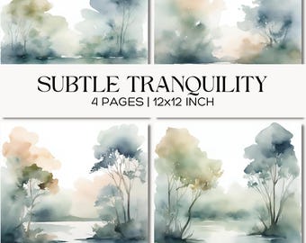Misty Watercolor Lake Backgrounds, Soft Nature Landscape Paper, Calm Forest Reflection Texture