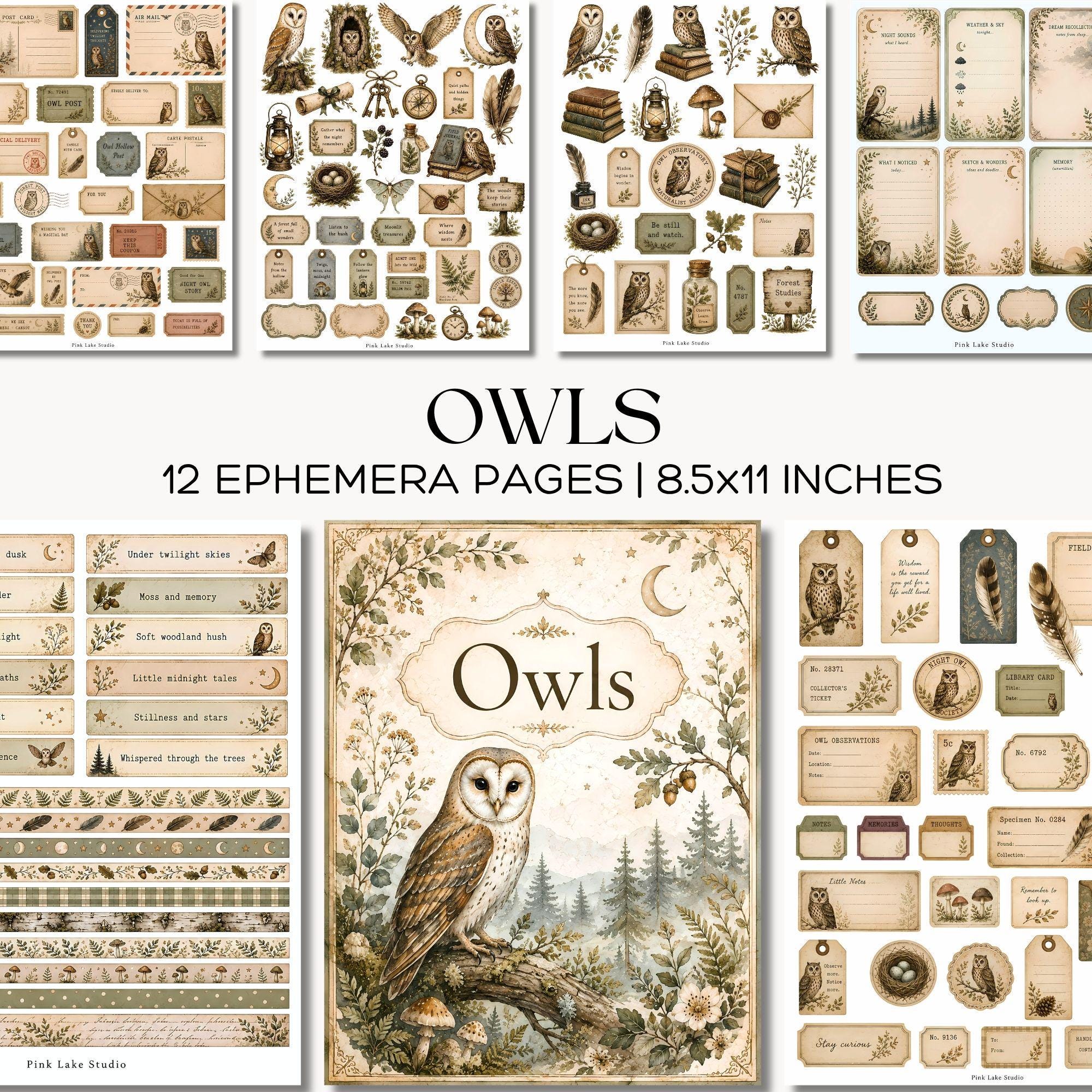 Owl Junk Journal Kit, Woodland Ephemera, Printable Nature Tags, Labels, Washi Strips, Scrapbook Page