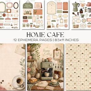 Può includere: Un set di 12 pagine di efemeridi Home Cafe di 21,6x27,9 cm, con vari design di carta e illustrazioni a tema caffè, tra cui macchine per espresso, tazze, pasticcini, accenti floreali e fogli di carta da lettere con motivi decorativi.