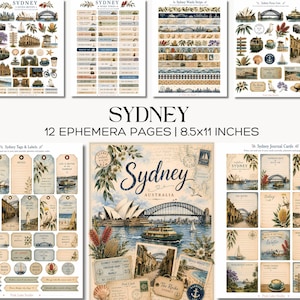 Zestaw do dziennika podróży Sydney Ephemera Pages Australia Travel Junk do wydrukowania z kartkami z etykietami portowymi