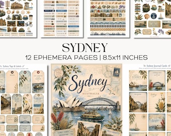 Zestaw do dziennika podróży Sydney Ephemera Pages Australia Travel Junk do wydrukowania z kartkami z etykietami portowymi