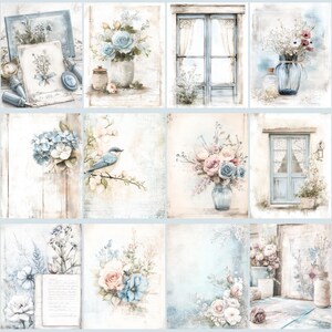 May include: A collection of watercolor art prints featuring floral arrangements, vintage windows, and a blue bird. The prints showcase soft pastel colors, including blues, pinks, and creams, with a distressed, antique aesthetic. The artwork evokes a romantic, cottagecore theme.