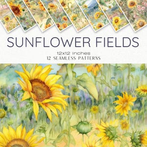 Sunflower Field Seamless Pattern, Floral Digital Paper Pack, Scrapbook Backgrounds, Planner Paper, Card Making, Instant Download
