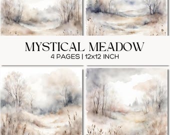 Watercolor Landscape Digital Paper Set, Neutral Scenic Mystical Meadow Backgrounds, Scrapbook, Junk Journal