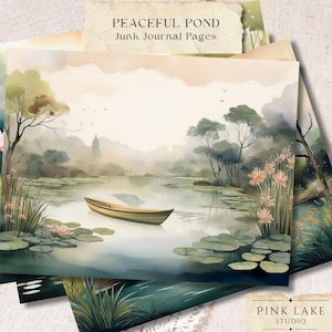 Peaceful Pond Watercolor Digital Art, Impressão de paisagem serena, Arte de parede da natureza, Papel de scrapbook 12x12, Fundos para impressão Download instantâneo