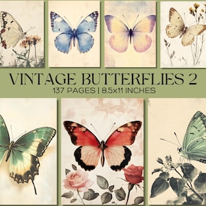 Antique Butterfly Printable Pages, Vintage Botanical Ephemera Pack, Junk Journal Butterfly Kit, Soft Neutral Scrapbook Paper, Collage Sheet