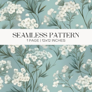 Baby's Breath Seamless Pattern, Teal Blue Floral Digital Paper, White Botanical Fabric Design 12x12 Repeating Tile, Spring Wedding Scrapbook