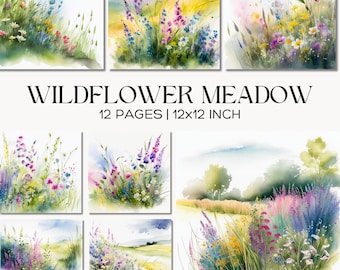 Digitaal papier Wildflower Meadow, lentelandschap plakboekachtergronden, pastelkleurige bloemen rommeltijdschriften en handwerk