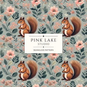 May include: A seamless pattern featuring pink flowers, green leaves, and brown squirrels. The pattern is titled "Pink Lake Studio Seamless Pattern".