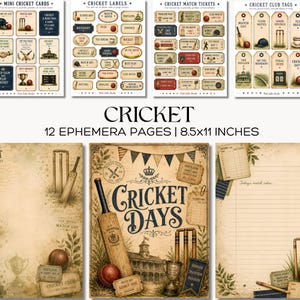 Könnte beinhalten: Ein Set aus 12 druckbaren Ephemera-Seiten im Format 21,6x27,9 cm mit Cricket-Motiven. Das Set enthält Karten, Etiketten, Eintrittskarten und Anhänger mit Illustrationen von Schlägern, Bällen, Wickets und Pavillons im Vintage-Stil.