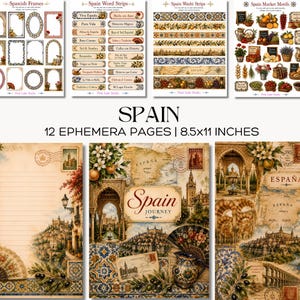 Peut inclure: Ensemble de pages d'éphémères de scrapbooking sur le thème de l'Espagne. L'image comprend des cadres décoratifs, des bandes de mots, des bandes washi et des motifs de marché. Les pages mesurent 21,6 x 27,9 cm et présentent des illustrations d'architecture espagnole, de cartes et d'éléments floraux.