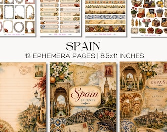 Spain Junk Journal Kit Printable Travel Ephemera Pages with Spanish Tiles and Market Fussy Cuts