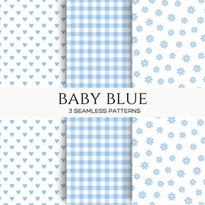 Baby Blue Boho Digital Paper Set, Hearts, Flowers & Gingham Plaid Repeating Patterns for Baby Showers, Invitations, Cards and Paper Crafts