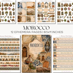 May include: A collection of 12 ephemera pages measuring 21.6x27.9 cm, featuring Morocco-themed motifs, journal cards, decorative travel pieces, washi strips, and word strips with text including Morocco, Land of Colors, and Culture & Timeless Beauty.
