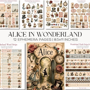 Alice in Wonderland Junk Journal Kit Printable Storybook Ephemera Pages Tea Party Tags Labels
