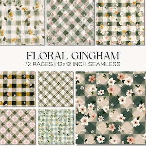 Floral Gingham Digital Paper, Cottagecore Scrapbook Backgrounds, Linen Texture Farmhouse Printable Pages