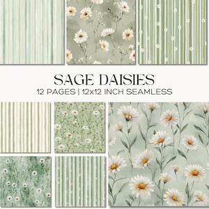 Sage Grünes Gänseblümchen Papier, Florale Musterdesign Scrapbook Seiten, Cottagecore Blumen und Streifen