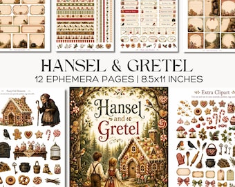 Zestaw do dziennika śmieci „Hansel i Gretel” do wydrukowania, strony z bajkowymi drobiazgami, etykiety do piernikowego domku