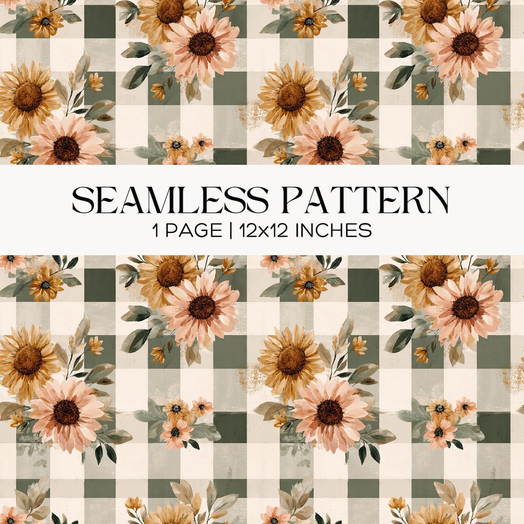Sunflower Gingham Seamless Pattern, Orange Sage Cottage Farmhouse ...