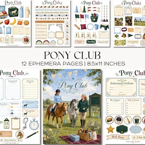 Puede incluir: Un conjunto de 12 páginas de efímera Pony Club que miden 21,59x27,94 cm, con ilustraciones impresas de caballos, jinetes, equipo ecuestre, certificados de logros, tarjetas de lecciones y etiquetas decorativas con el texto Pony Club.