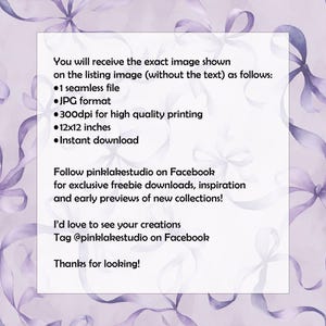May include: A digital graphic file featuring a repeating pattern of light purple ribbons tied into bows against a white background. The central white rectangular area contains black text detailing file specifications including 12x12 inches.