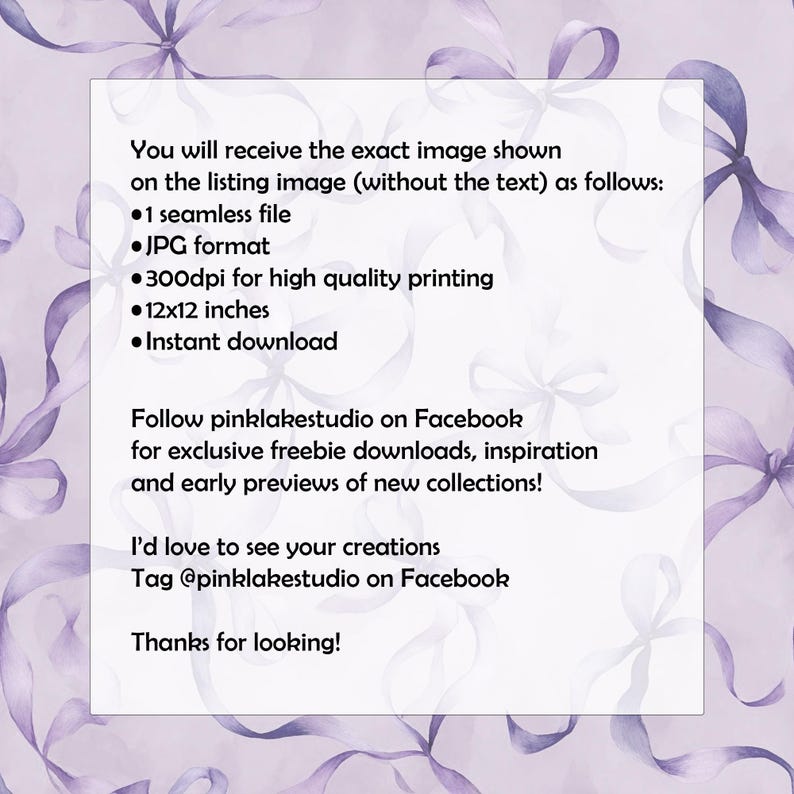 May include: A digital graphic file featuring a repeating pattern of light purple ribbons tied into bows against a white background. The central white rectangular area contains black text detailing file specifications including 12x12 inches.