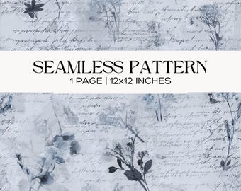 Vintage Script Seamless Floral Pattern, Moody Blue Botanical Paper, Scrapbook Printable Digital Paper