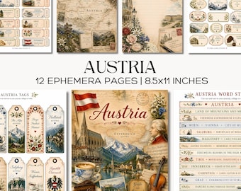 Könnte beinhalten: Eine Sammlung von 12 Ephemera-Seiten zum Thema Österreich, mit Tickets, Etiketten, Tags und Wortstreifen. Die Seiten zeigen österreichische Wahrzeichen, Karten und Illustrationen. Jede Seite misst 21,59 cm x 27,94 cm.