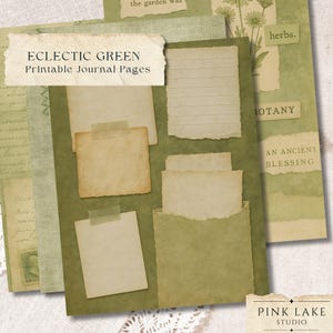 Eclectic Green Printable Papers, Botanical Grunge Junk Journal Kit, Sage Green Collage Backgrounds, Olive Green Vintage Ephemera Pages