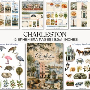 Puede incluir: Una colección de 12 páginas de efímera que miden 21,6x27,9 cm, con temas de Charleston, Carolina del Sur. Las páginas incluyen ilustraciones de arquitectura local, vida silvestre, comida, faros y elementos botánicos con etiquetas de texto.